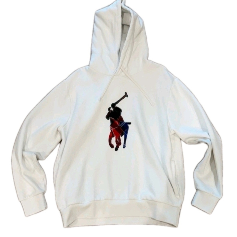 Polo Ralph Lauren White Plaid Patchwork Big Pony Hoodie Sweatshirt Size L - Picture 2 of 5